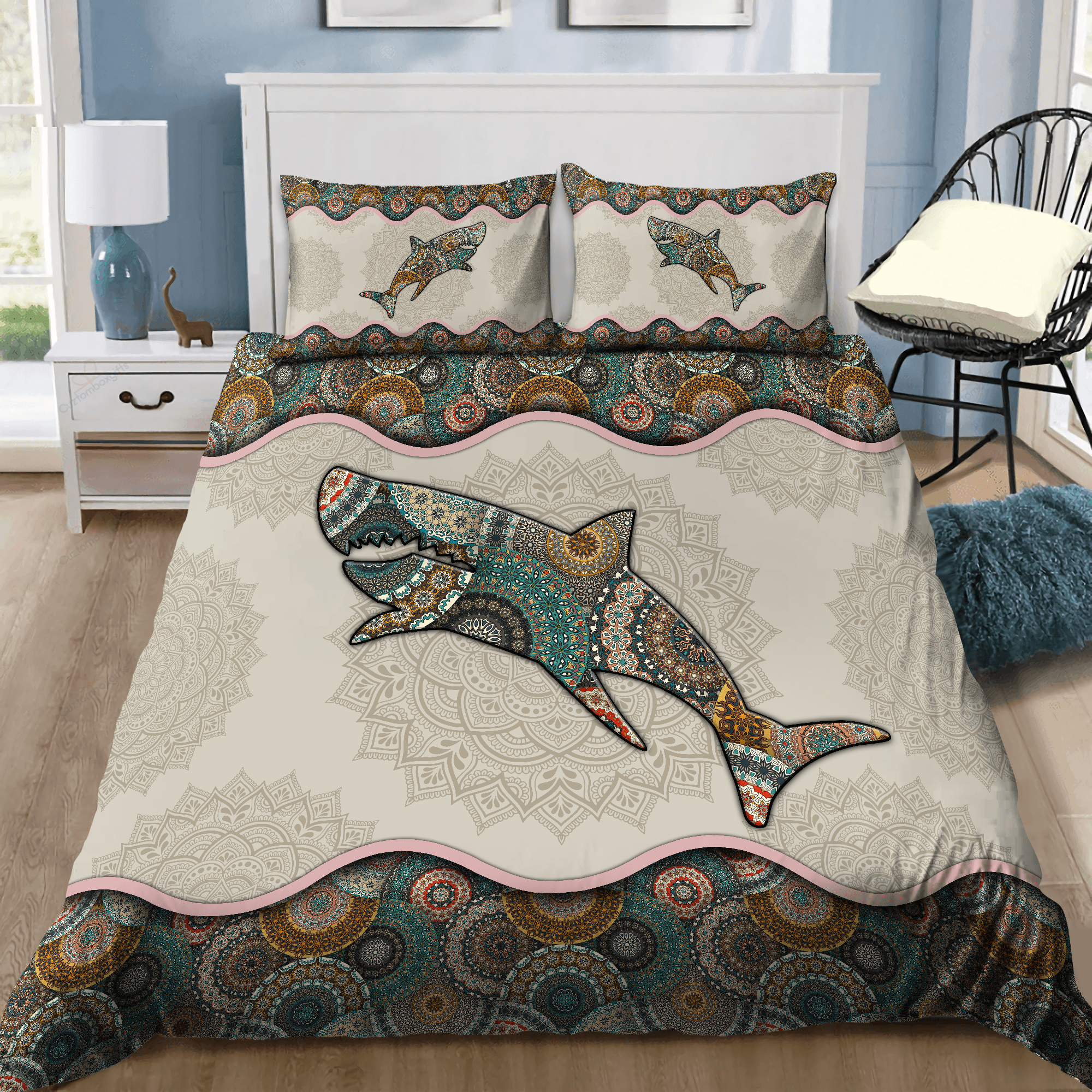 Shark Bedding Set The Shark Mandala Pattern Duvet Covers Green
