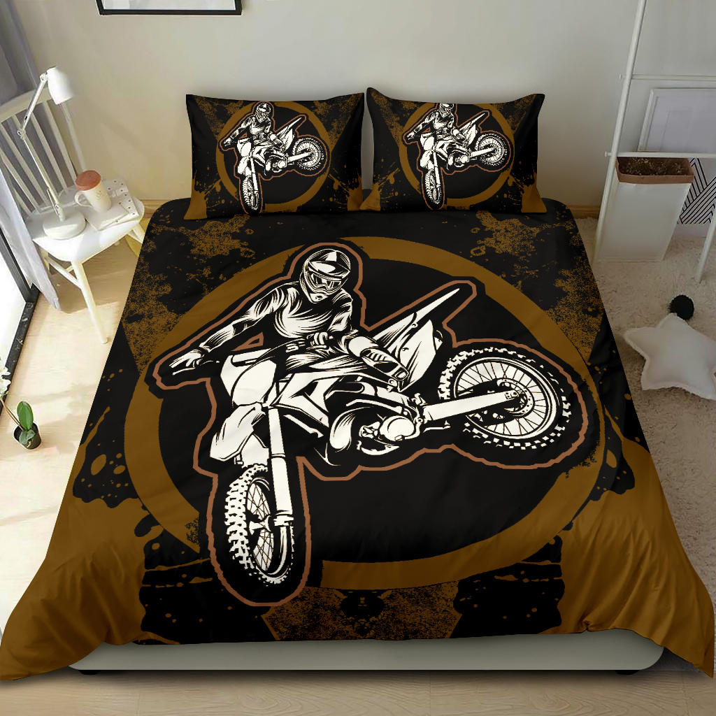 Motorcycle Bedding Set Motocross Biker Silhouette Pattern Duvet Covers Black