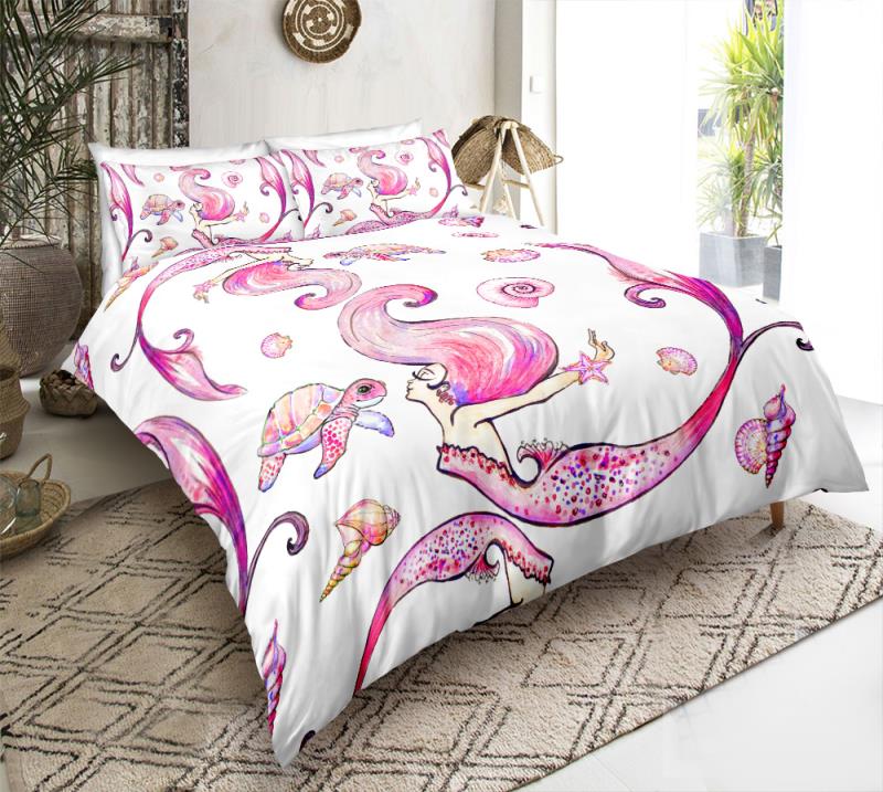 Mermaid Bedding Set Mermaid Turtle Conch Shell Pattern Duvet Covers White