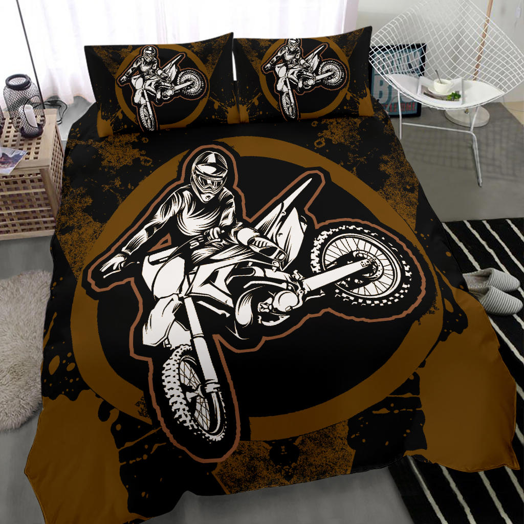 Motorcycle Bedding Set Motocross Biker Silhouette Pattern Duvet Covers Black