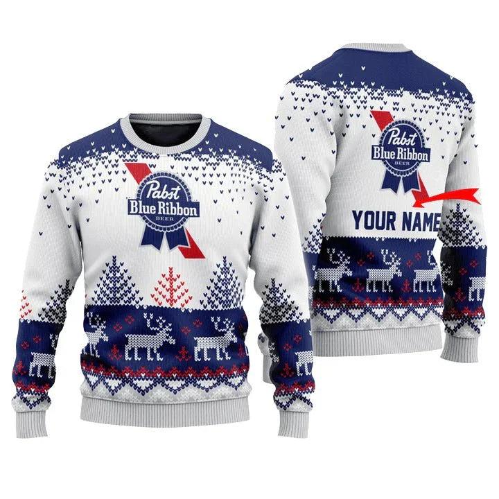 Personalized Pabst Blue Ribbon Reindeer Ugly Christmas Sweater