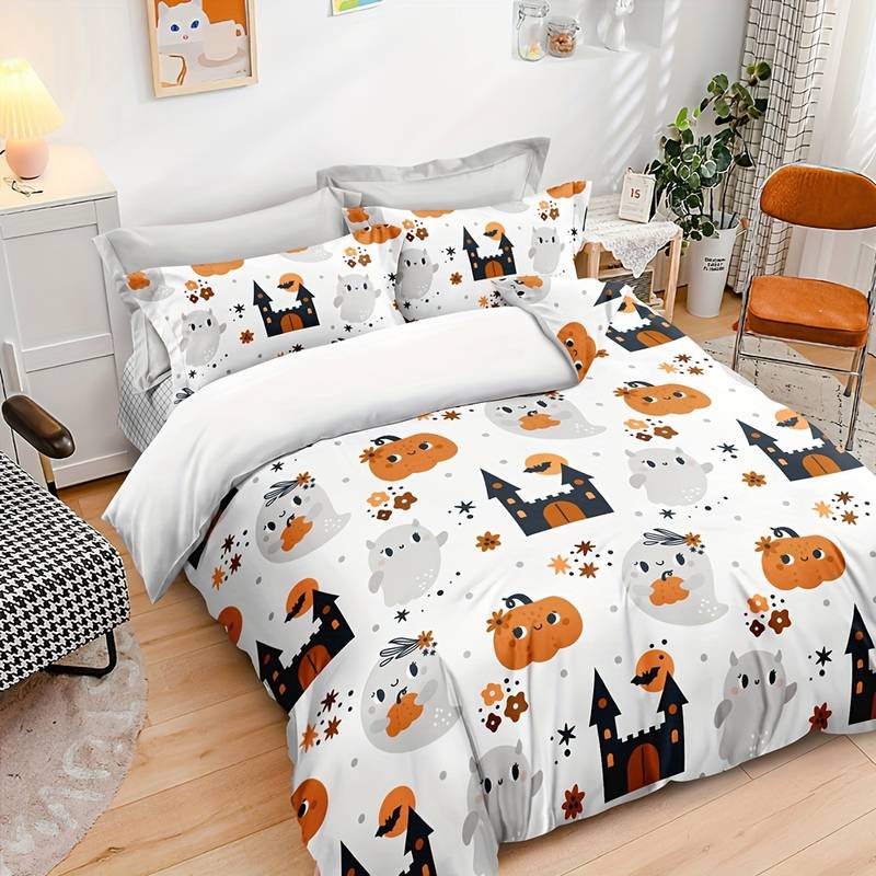 Halloween Bedding Set Cute Ghost Pumpkin Haunted Castle Duvet Covers