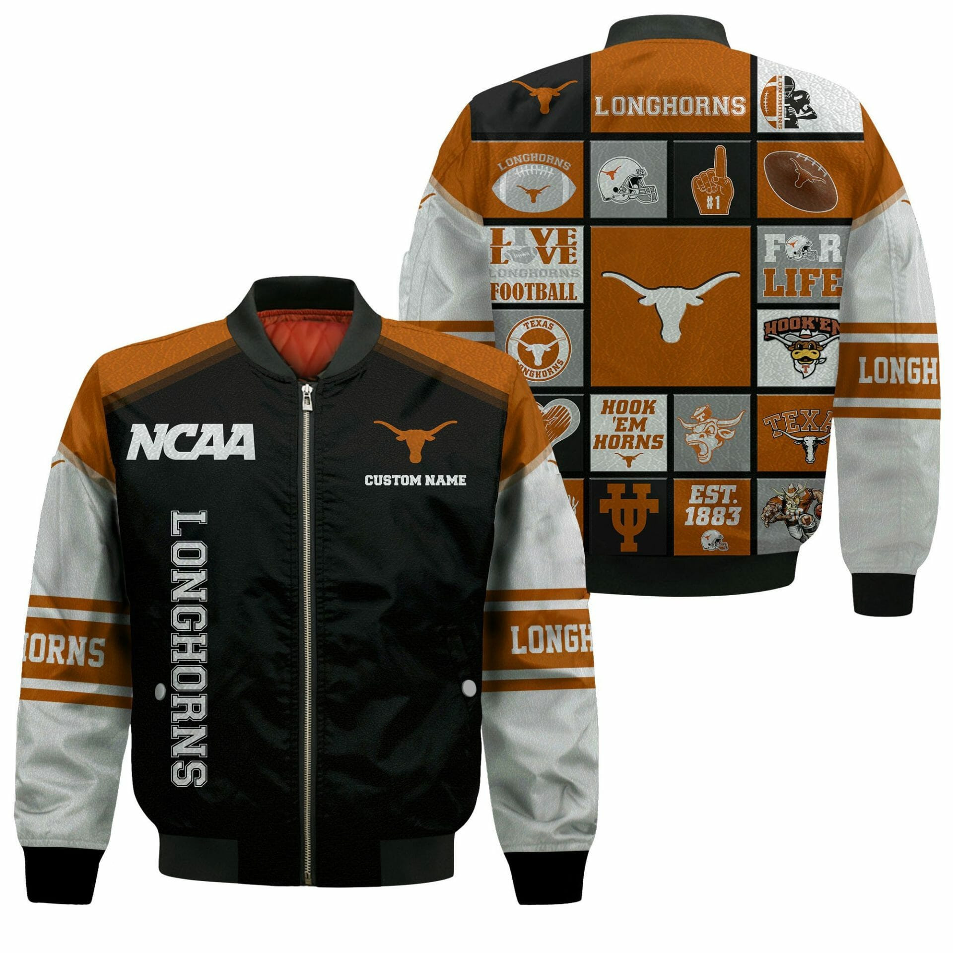 Texas Longhorns Custom Name Black Bomber Jacket