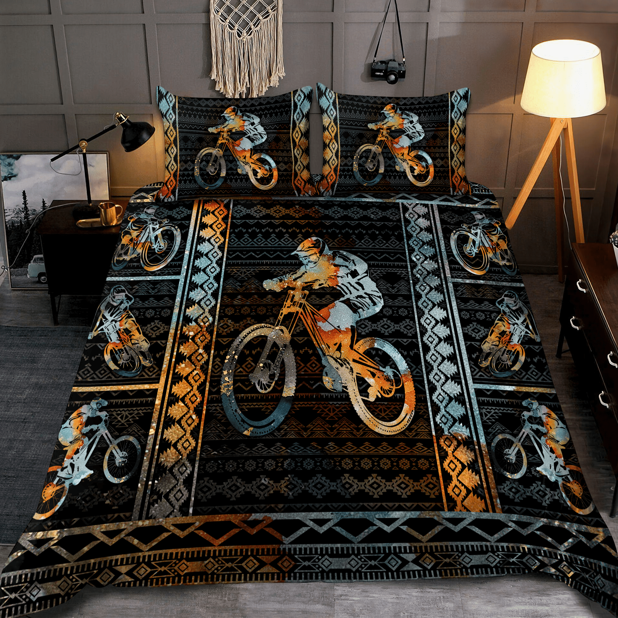 Bicycle Bedding Set Mountain Biking Tribal Pattern Duvet Covers Black