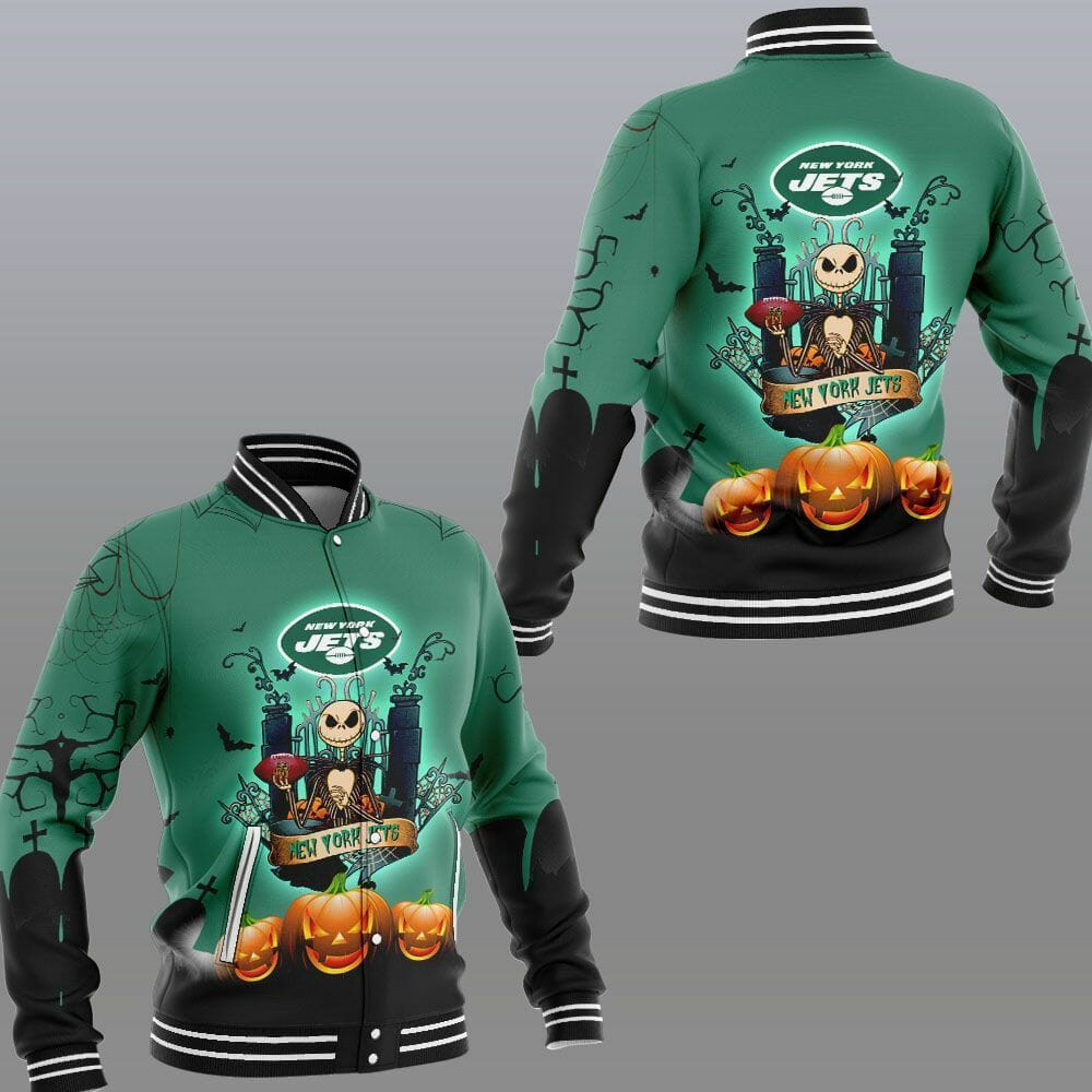 New York Jets Jack Skellington Halloween Baseball Jacket
