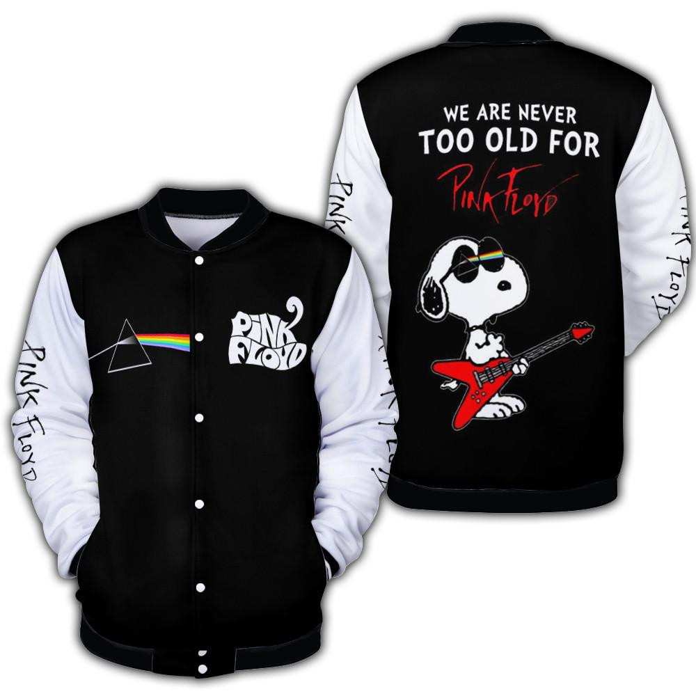 Pink Floyd Music Band Fan Gift, Snoopy Rock Star Gift, We Are Never Too Old For Pink Floyd Baseball Jacket