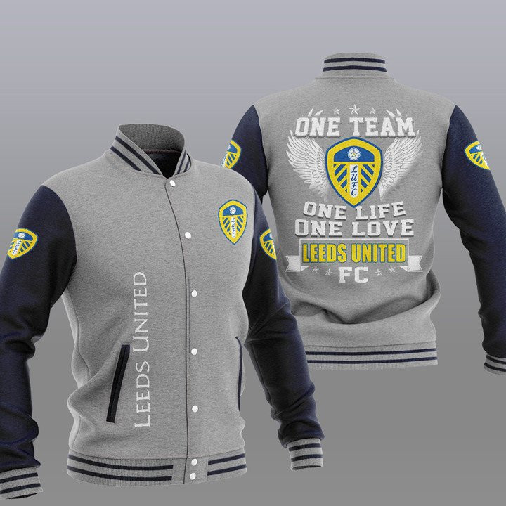 Leeds United One Team One Life One Love Gray Baseball Jacket