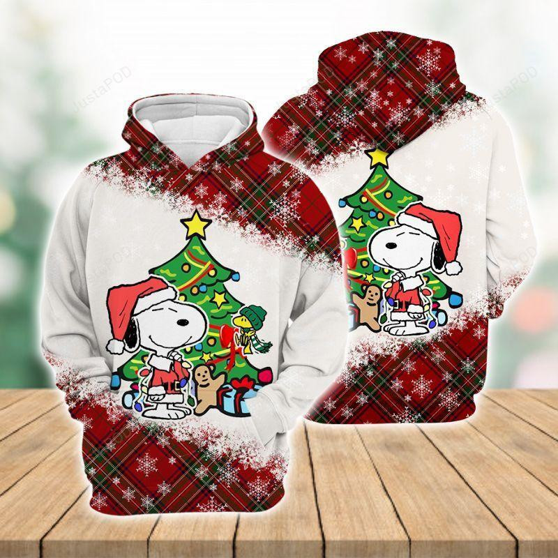 Snoopy Christmas Hoodie Snoopy And Christmas Tree White Plaid 3d Hoodie Zip Hoodie