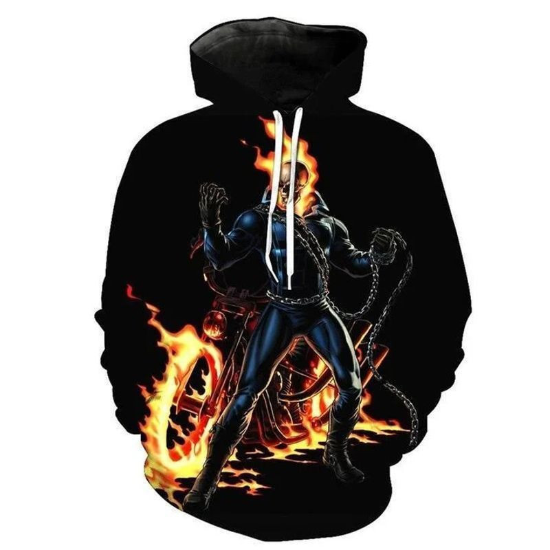 Skull Hoodies Burning Flame Ghost Rider Over Print 3d Hoodie Zip Hoodie
