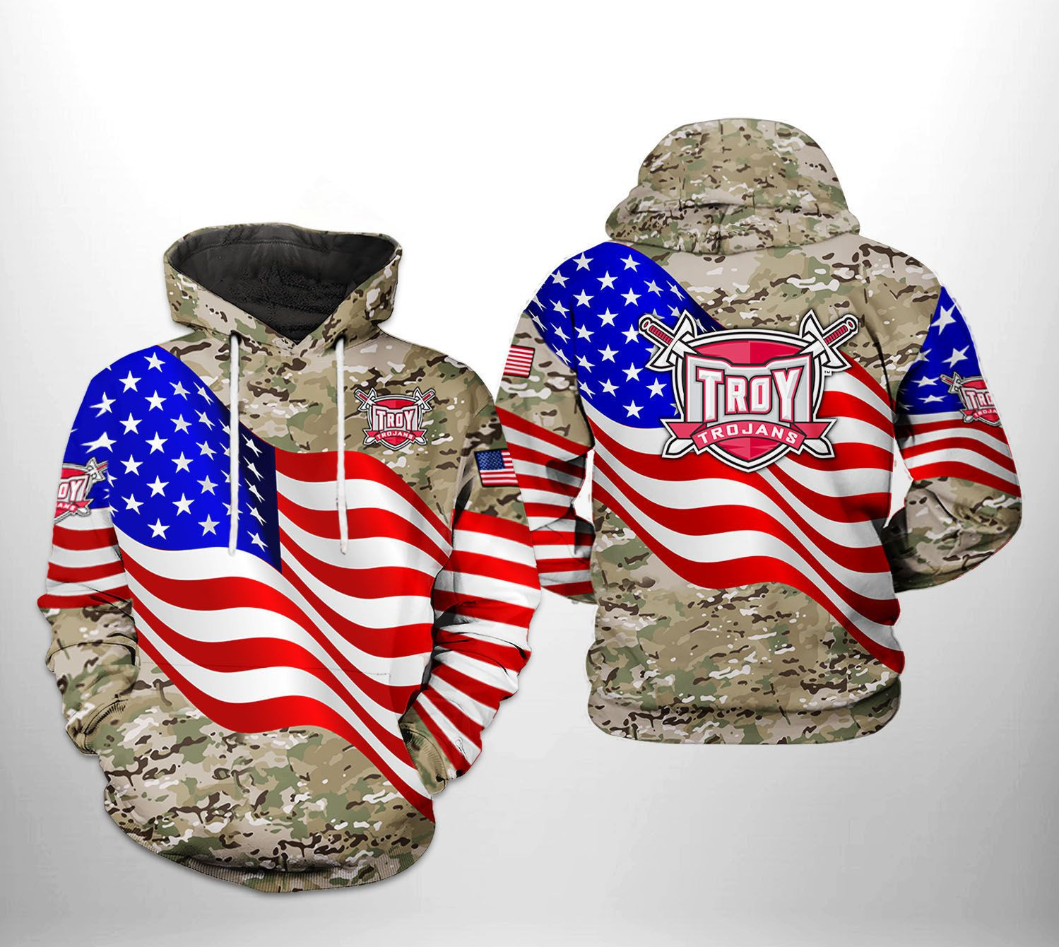 Troy Trojans US Flag Camo Veteran 3D All Over Print Hoodie & Zip Hoodie