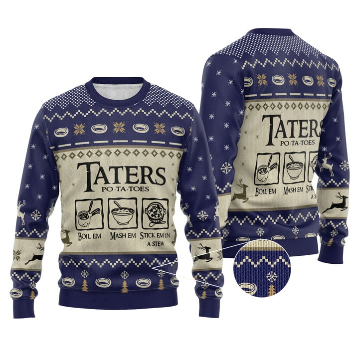 LOTR Taters Potatoes Ugly Christmas Sweater Navy