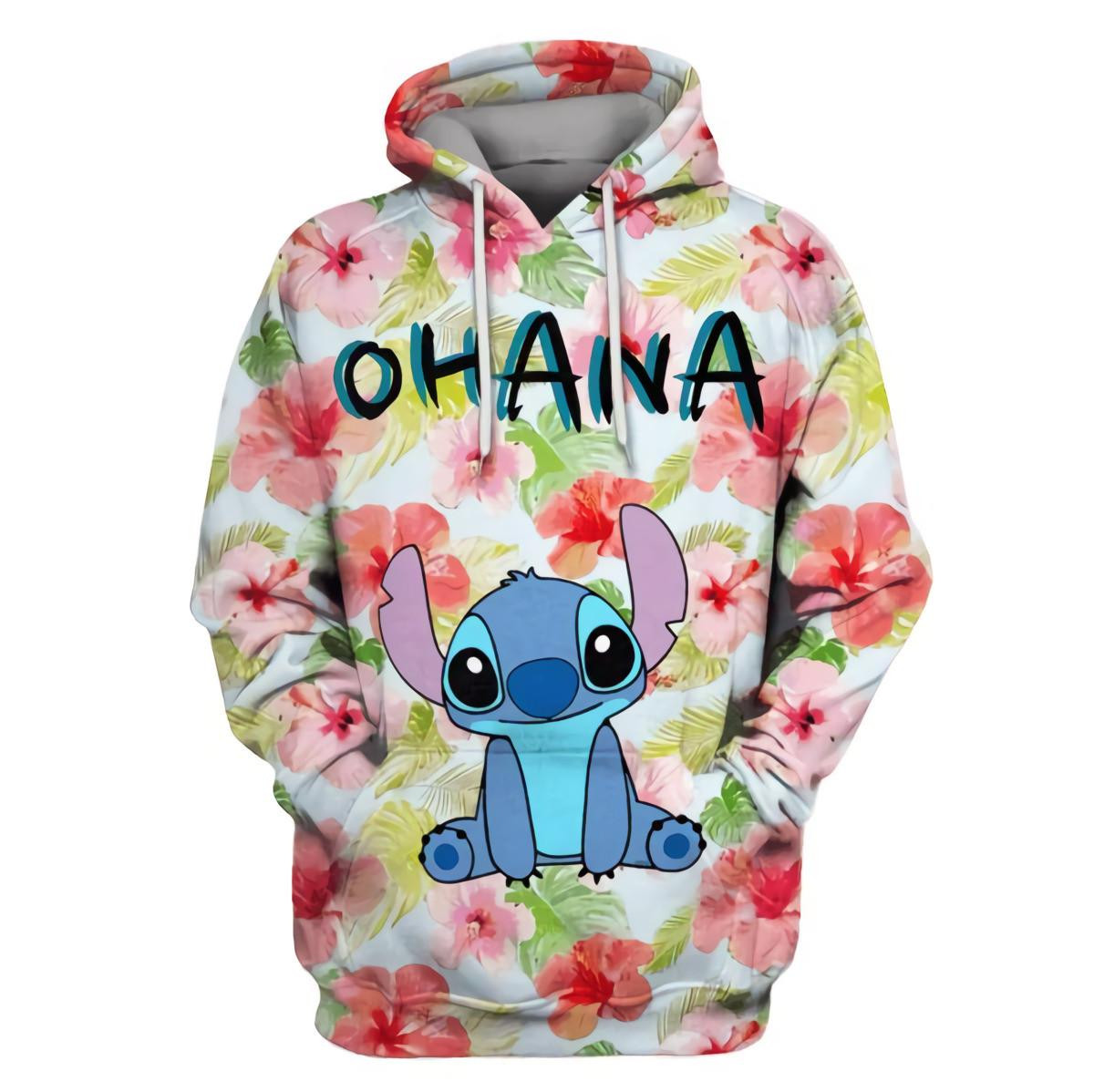 Stitch Disney, Stitch Ohana Tropical Flowers Aop Hoodie