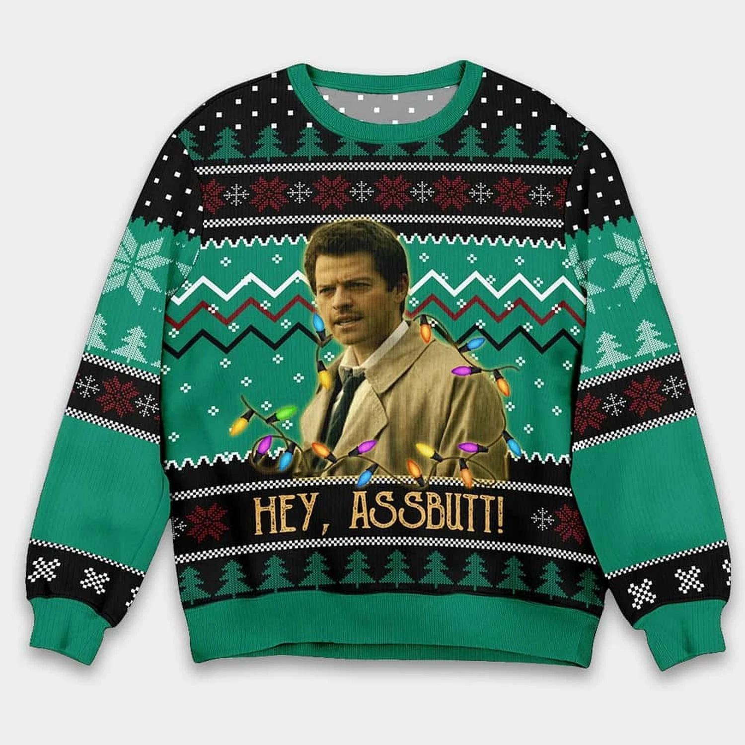 Supernatural Misha Collins Castiel Hey Assbutt Ugly Christmas Sweater