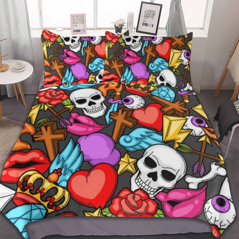 Skull Bedding Set Cartoon Skull Rose Cross Heart Duvet Covers