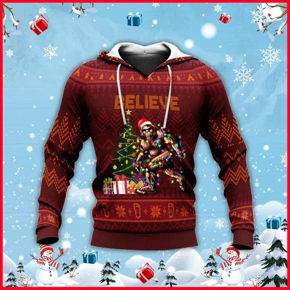 Believe Bigfoot Christmas Camping Knitting Pattern 3d All Over Print Hoodie Unisex Full Size Adult Colorful