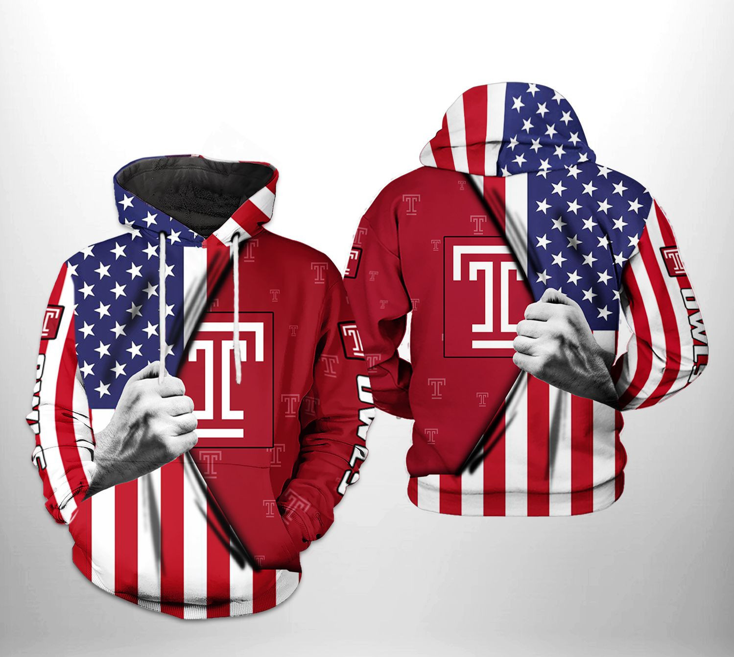 Temple Owls US Flag 3D All Over Print Hoodie & Zip Hoodie