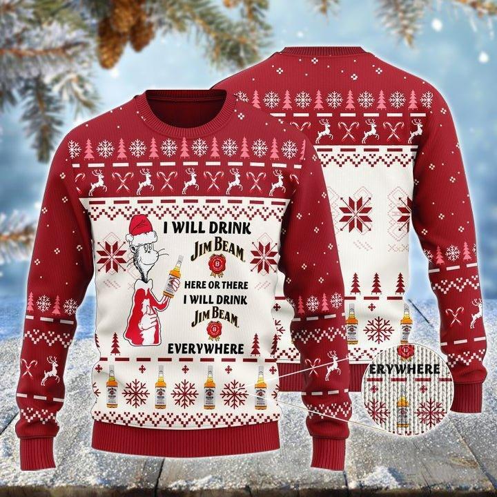Jim Beam Cat Hat Will Drink Everywhere Ugly Christmas Sweater