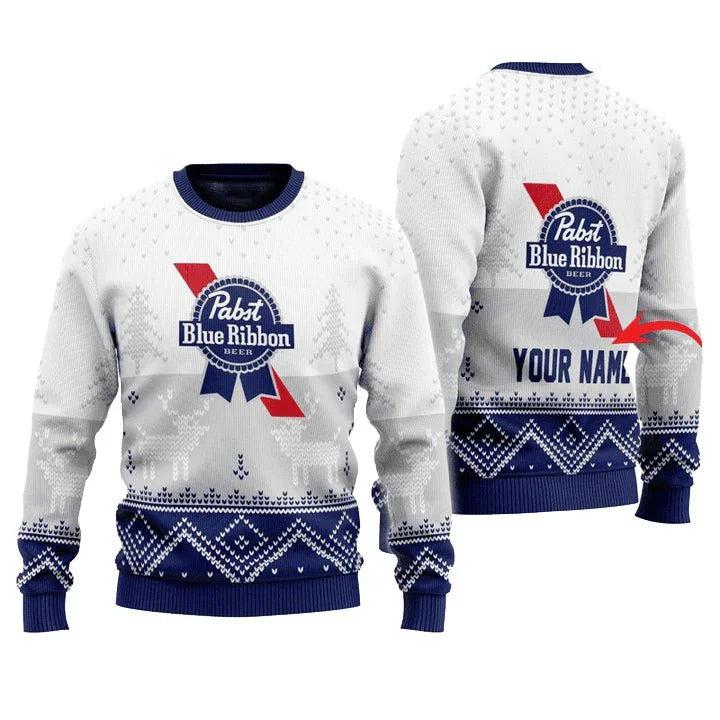 Personalized Pabst Blue Ribbon Winter Reindeer Ugly Christmas Sweater