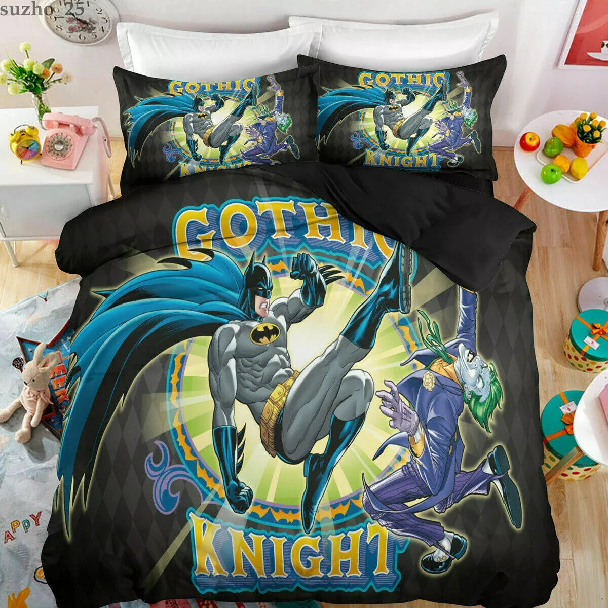 Batman Bedding Set DC Gothic Knight Batman Kicking Joker Duvet Covers Black