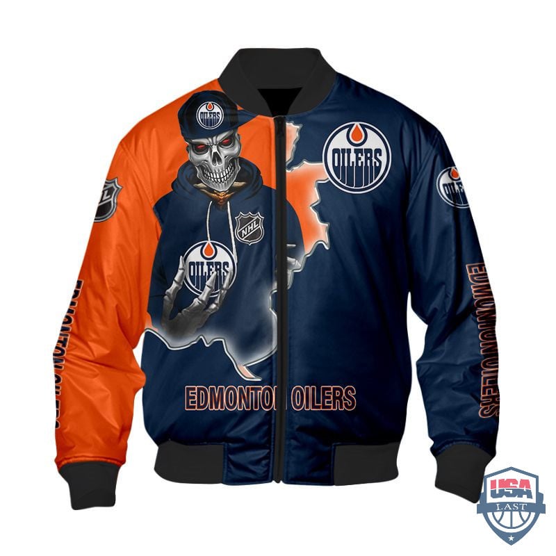 Edmonton Oilers Navy Blue Orange Skull Scratch Bomber Jacket