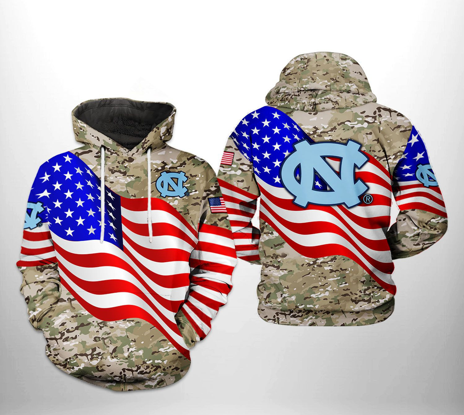 North Carolina Tar Heels US Flag Camo Veteran 3D All Over Print Hoodie & Zip Hoodie