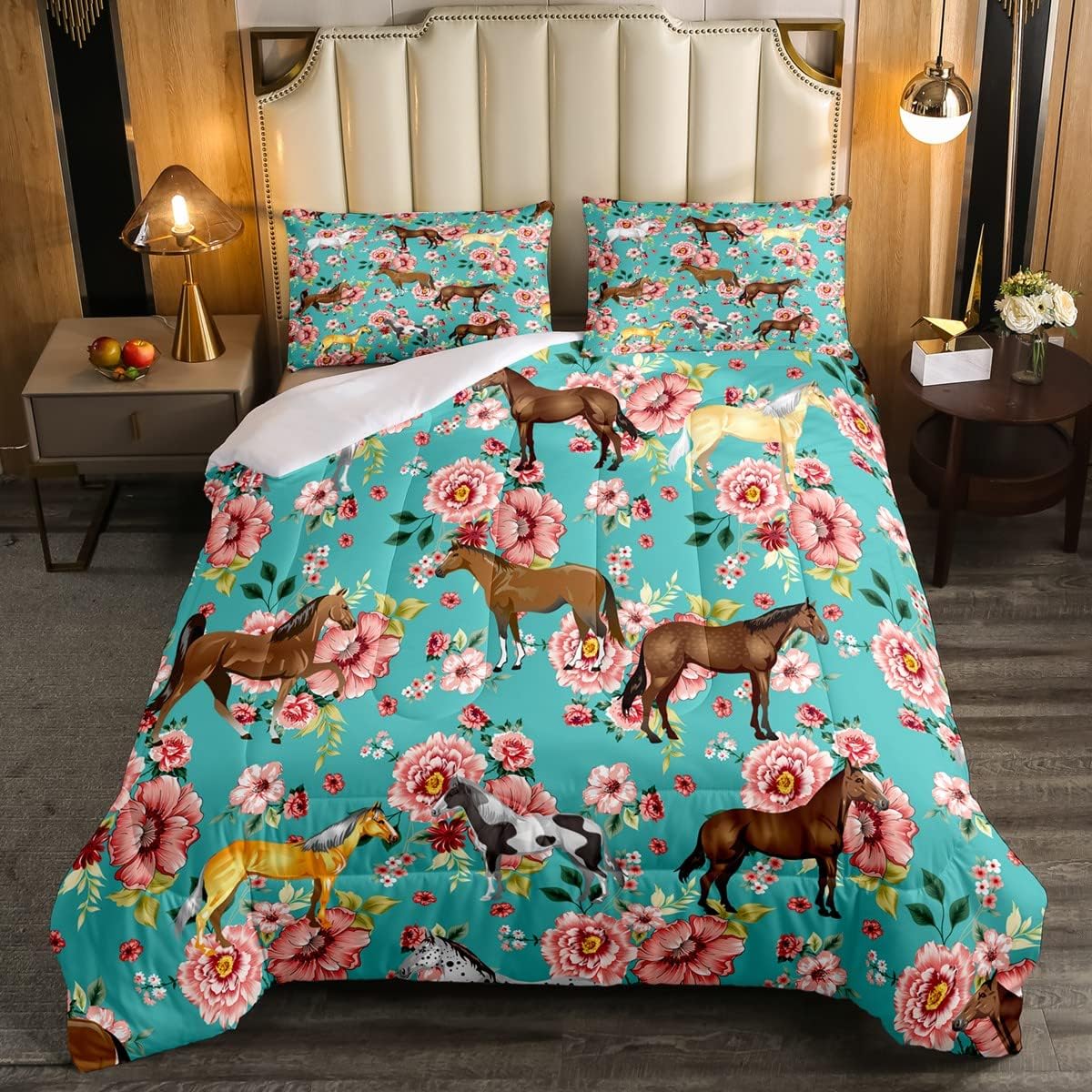 Horse Bedding Set All Types Of Horse Flower Pattern Duvet Covers Blue