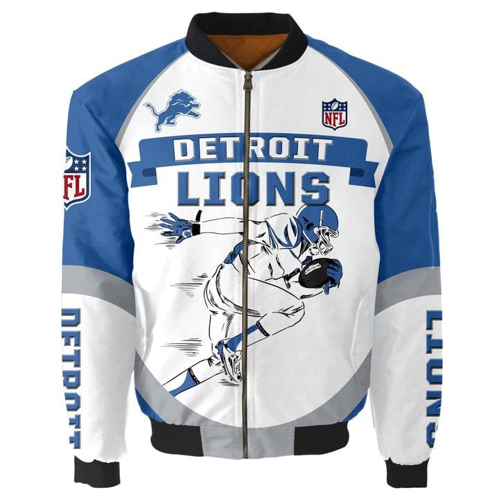 Detroit Lions White Blue Bomber Jacket V4