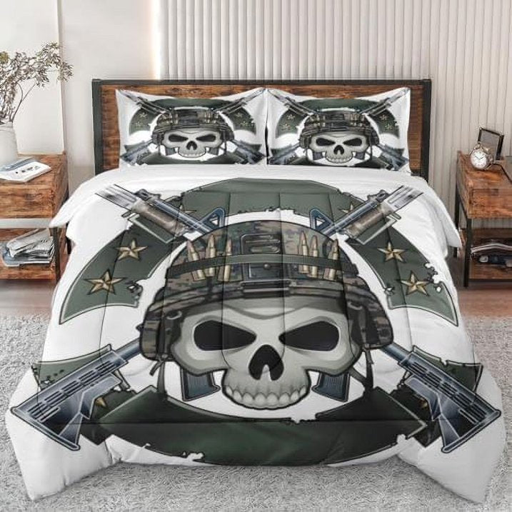 Veteran Bedding Set Skull Soldier Veteran Camo Pattern Duvet Covers White