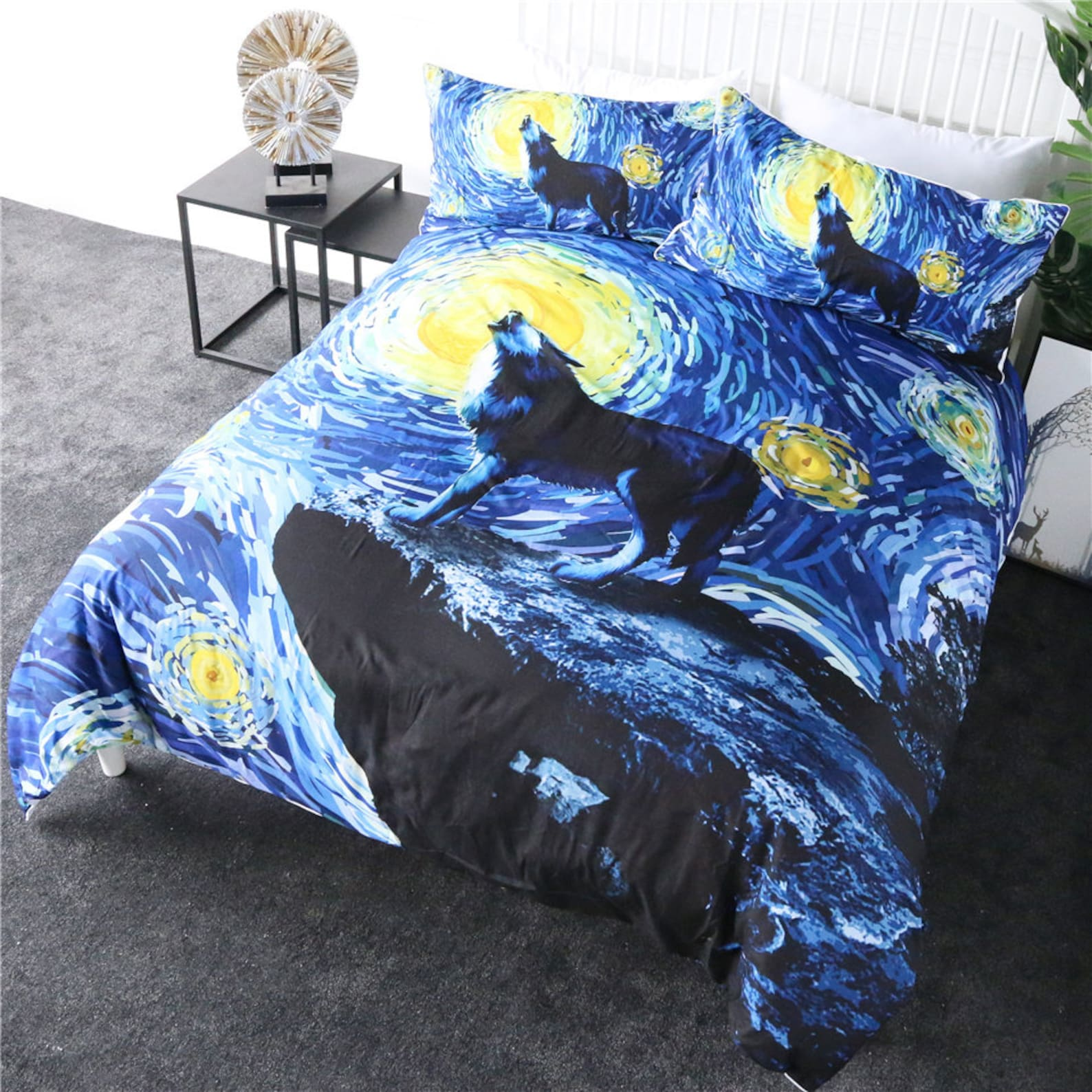 Wolf Bedding Set Starry Night Howling Wolf Duvet Covers Blue