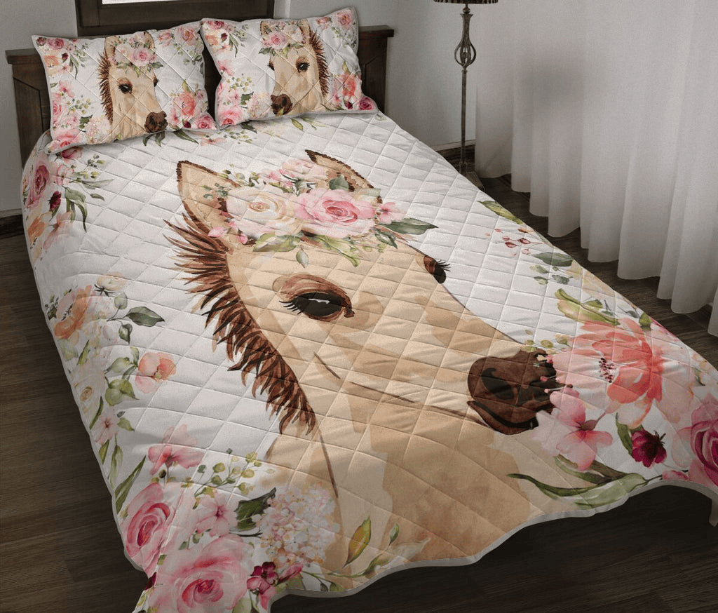 Horse Bedding Set Horse Baby Watercolor Flower Duvet Covers White