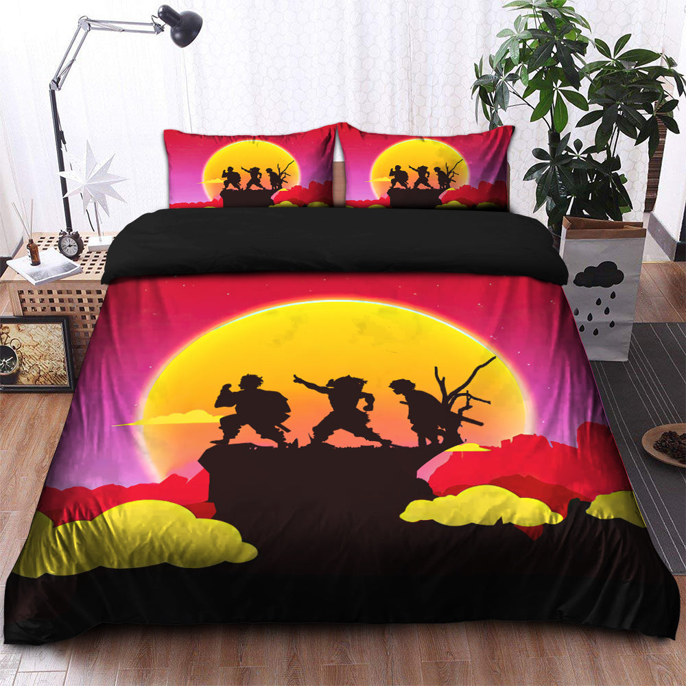Demon Slayer Bedding Set Tanjiro Team In Sunset Silhouette Duvet Covers Yellow