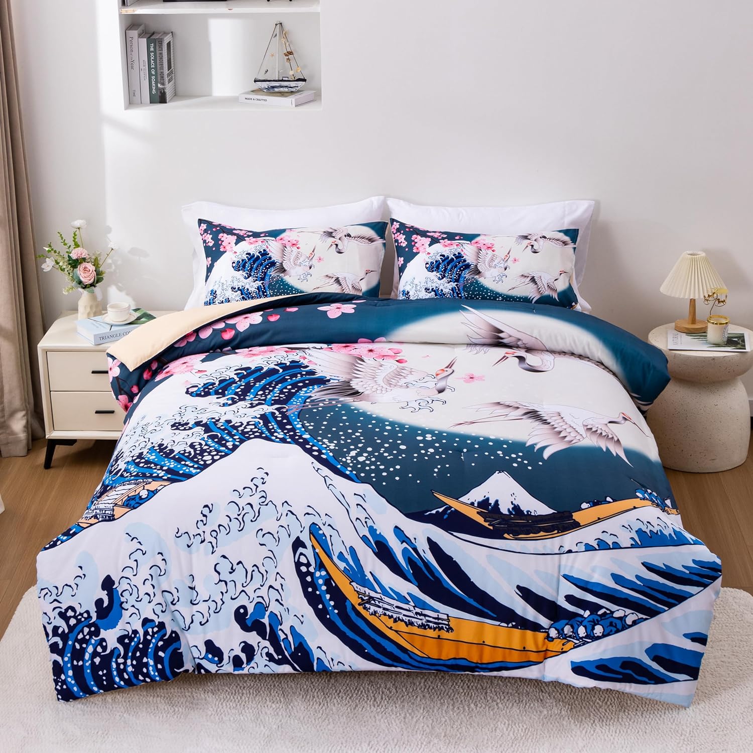 Japan Bedding Set Cherry Blossoms Crane And The Great Wave Duvet Covers Blue
