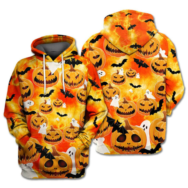 Halloween Hoodie Pumpkin Hoodie Scary Face Pumpkin Ghost And Bats Tie Dye Orange 3d Hoodie Zip Hoodie