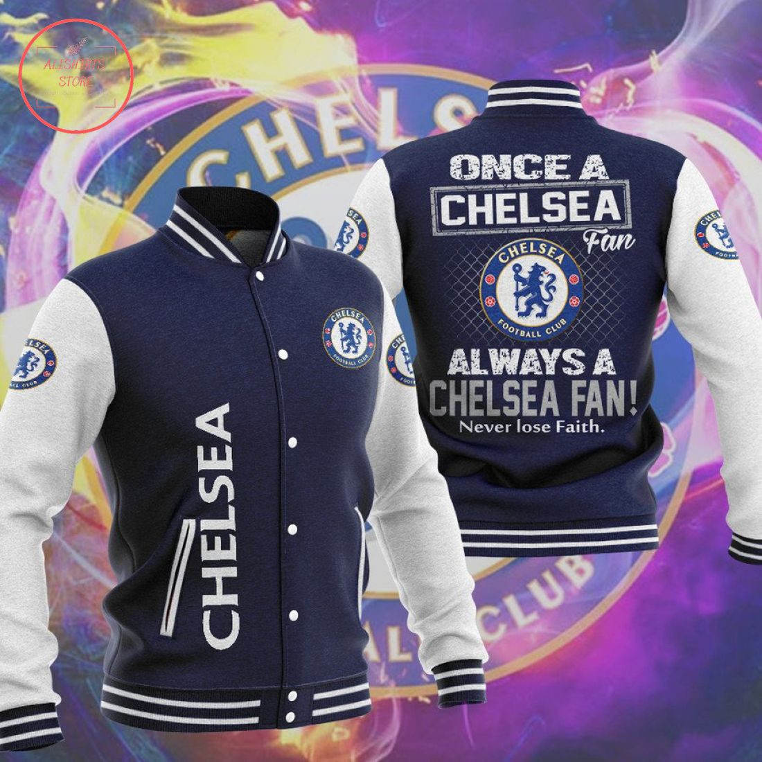 Chelsea FC Navy Blue Never Lose Faith Baseball Jacket