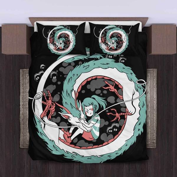 SGhibli Bedding Set Chibi Chihiro And Haku Graphic Duvet Covers