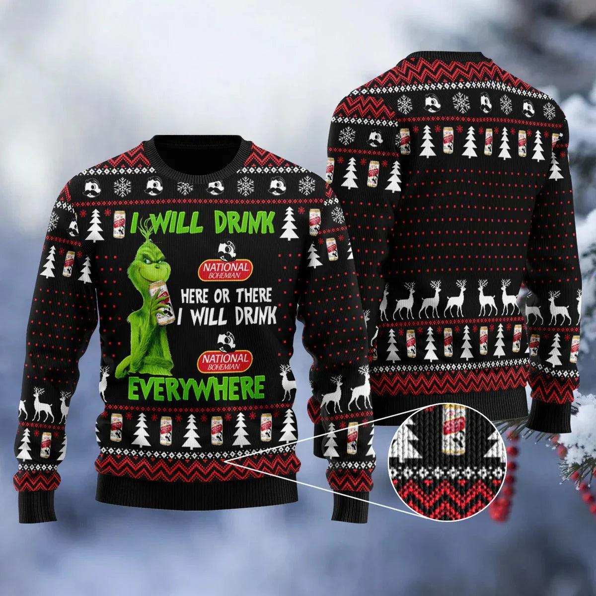 National Bohemian Grinch Will Drink Everywhere Ugly Christmas Sweater