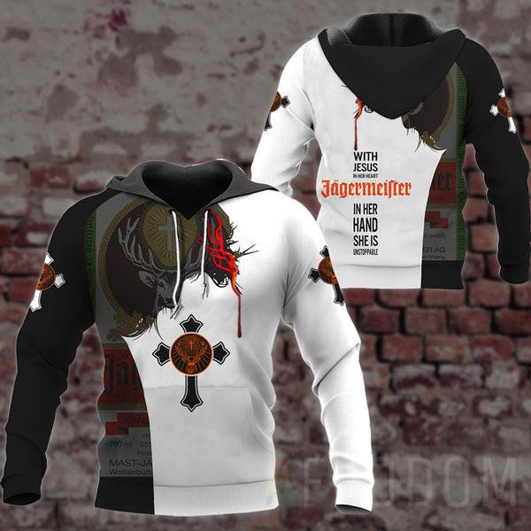 Jagermeister Lover Gift, With Jesus In Her Heart Jagermeister In Her Hand She Is Unstopable Aop Hoodie, Zip Hoodie 29