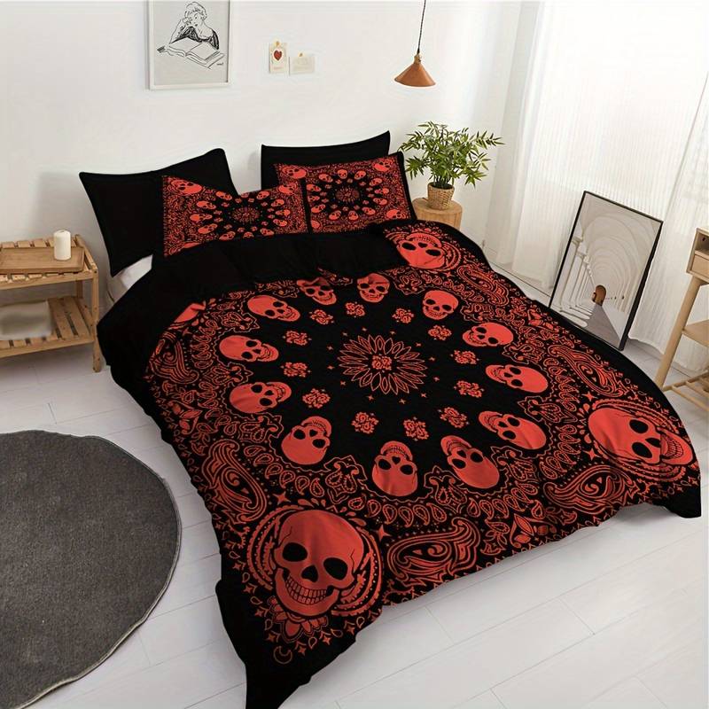 Skull Bedding Set Mandala Style Skull Head Pattern Duvet Covers Red