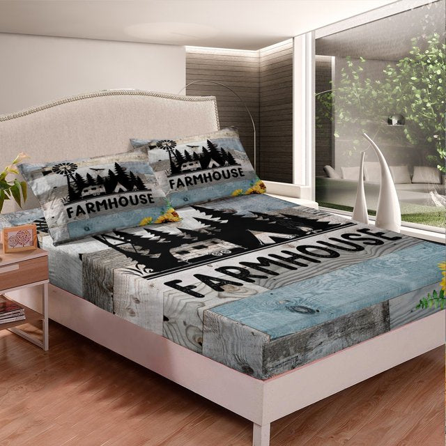 Camping Bedding Set Rustic Windmil Farmhouse Wood Pattern Duvet Covers