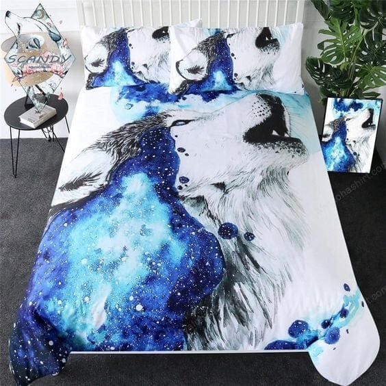Wolf Bedding Set Art Painting Winter Wolf Duvet Covers Blue