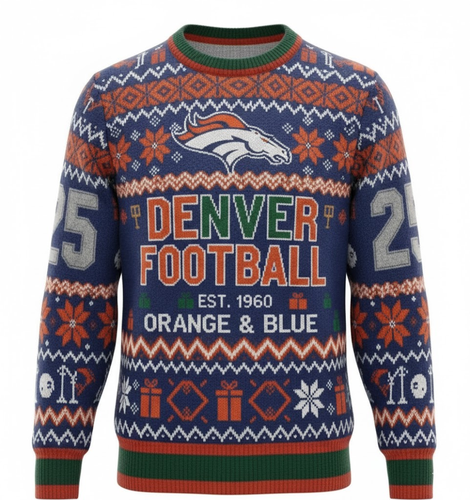 Orange & Blue Denver Broncos Ugly Christmas Sweater 2025