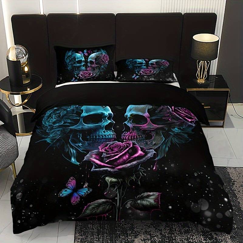 Skull Bedding Set Rose Ans Two Skulls Graphic Duvet Covers Black
