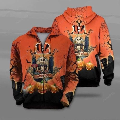 Cincinnati Bengals Jack Skellington Halloween 3D All Over Print Hoodie & Zip Hoodie