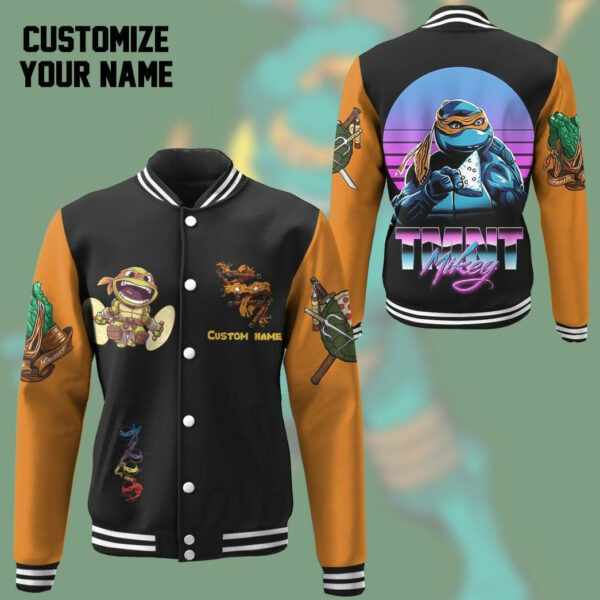 Gearhumans 3d Michelangelo Tmnt Mike Mikey Cosplay Orange Custom Name Baseball Jacket 10, Gift Lover Baseball Jacket 156
