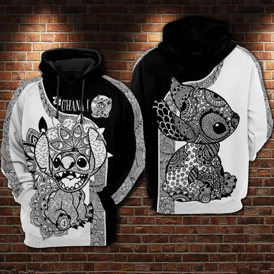 Stitch Disney, Stitch Ohana Mandala Style Black White Aop Hoodie