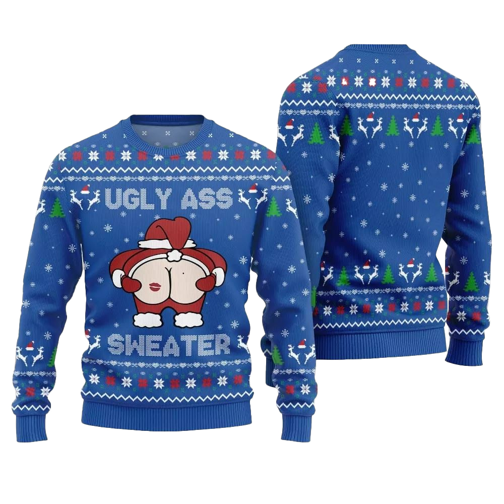 2025 Christmas Caught Kissing Santa Ugly Christmas Sweater-Blue