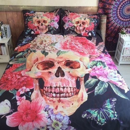 Skull Bedding Set Skull And Flowers In Watercolor Duvet Covers