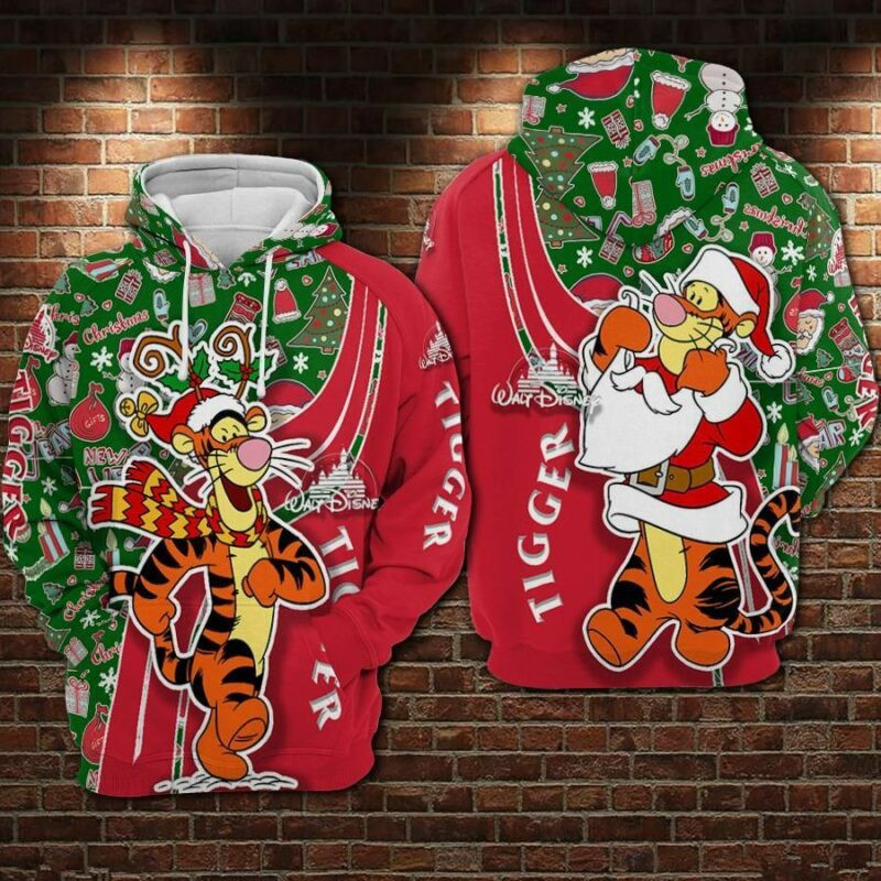 Tigger Cartoon Winnie The Pooh Marry Christmas Over Print 3d Hoodie Zip Hoodie