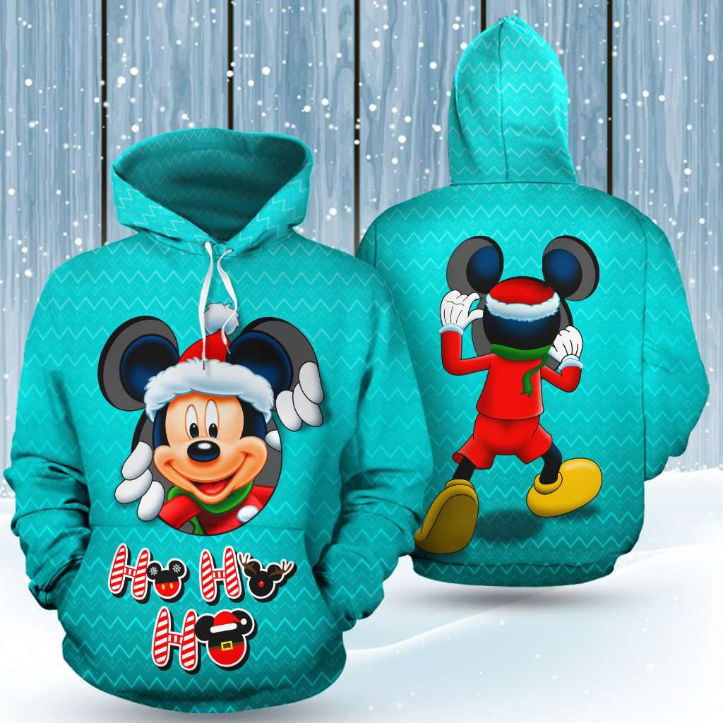 Mickey Peeking Santa Blue 3D All Over Print Hoodie & Zip Hoodie