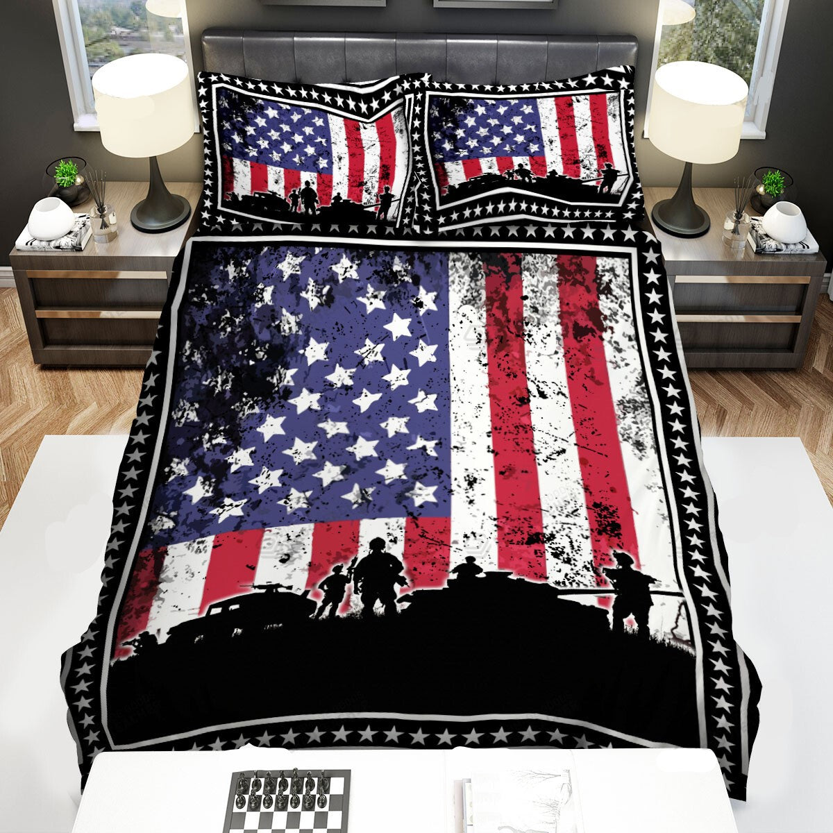 Veteran Bedding Set American Flag Battlefield Sihouette Duvet Covers Black